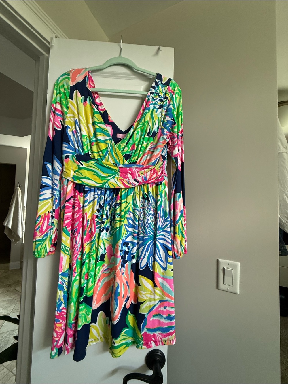 Lilly Pulitzer Navy Floral Faux-Wrap Midi Dress with Pink, Green & Yellow